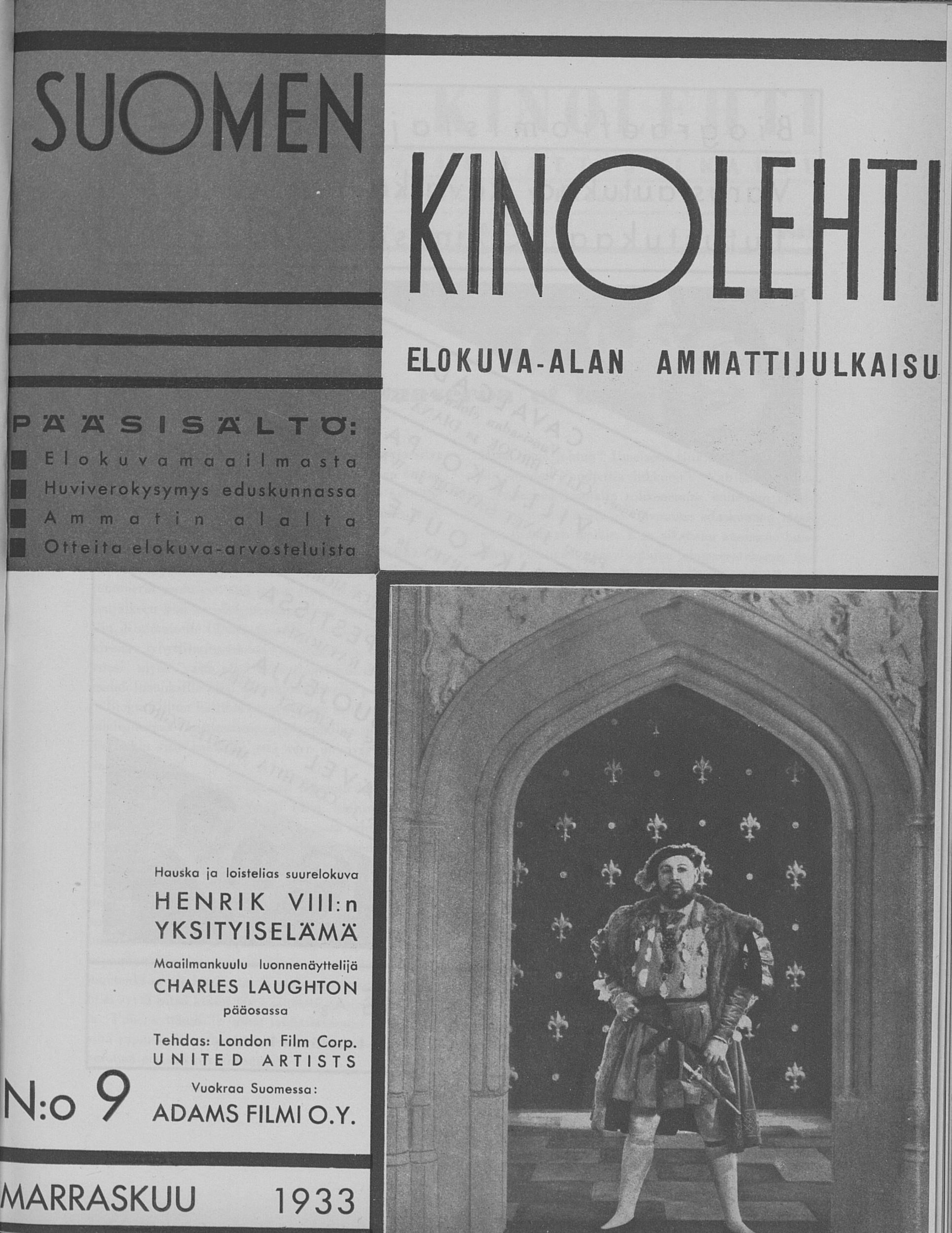 SUOMEN KINOLEHTI magazine side cover Issue 9 1 November 1933