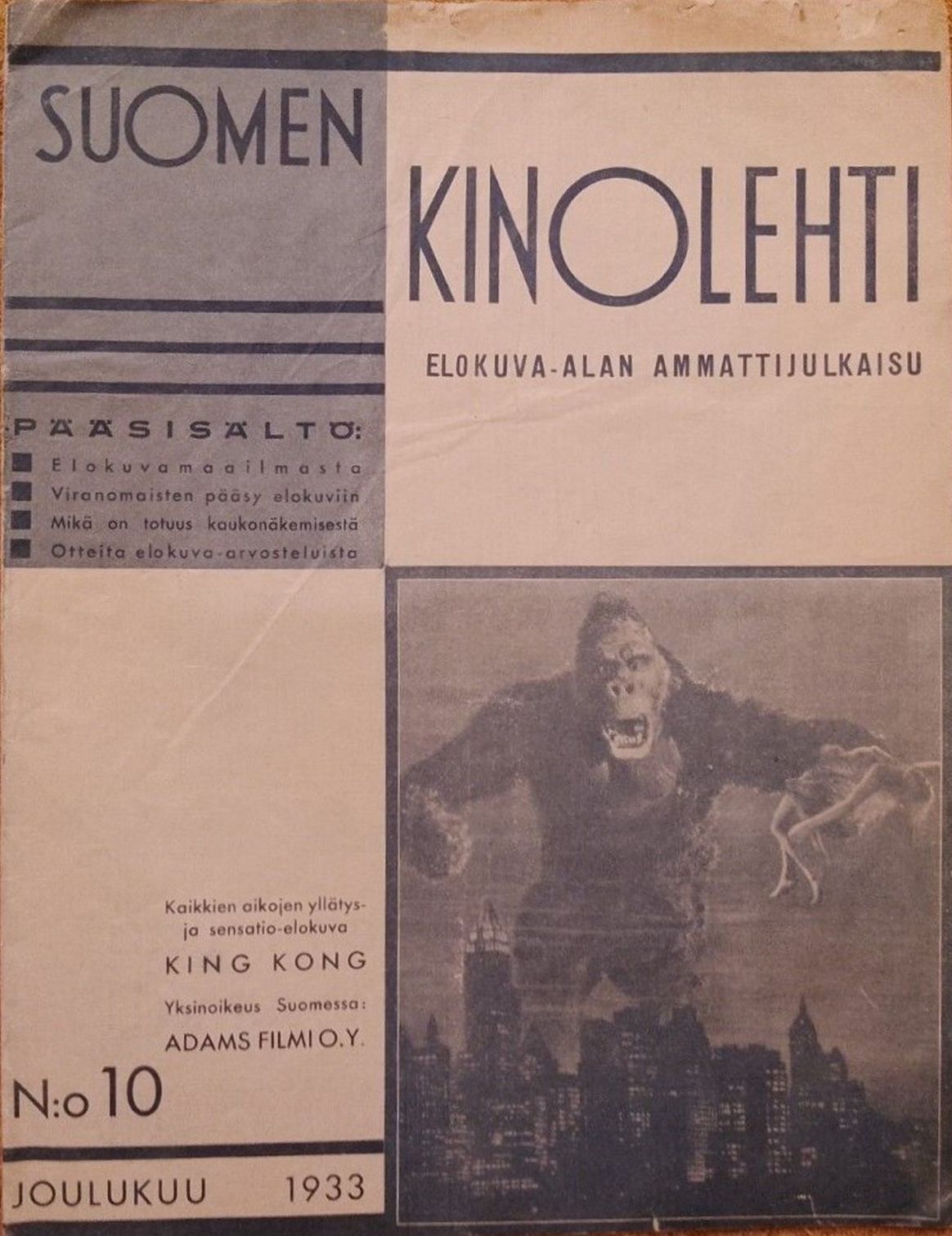 SUOMEN KINOLEHTI magazine side cover Issue 10 December 1933