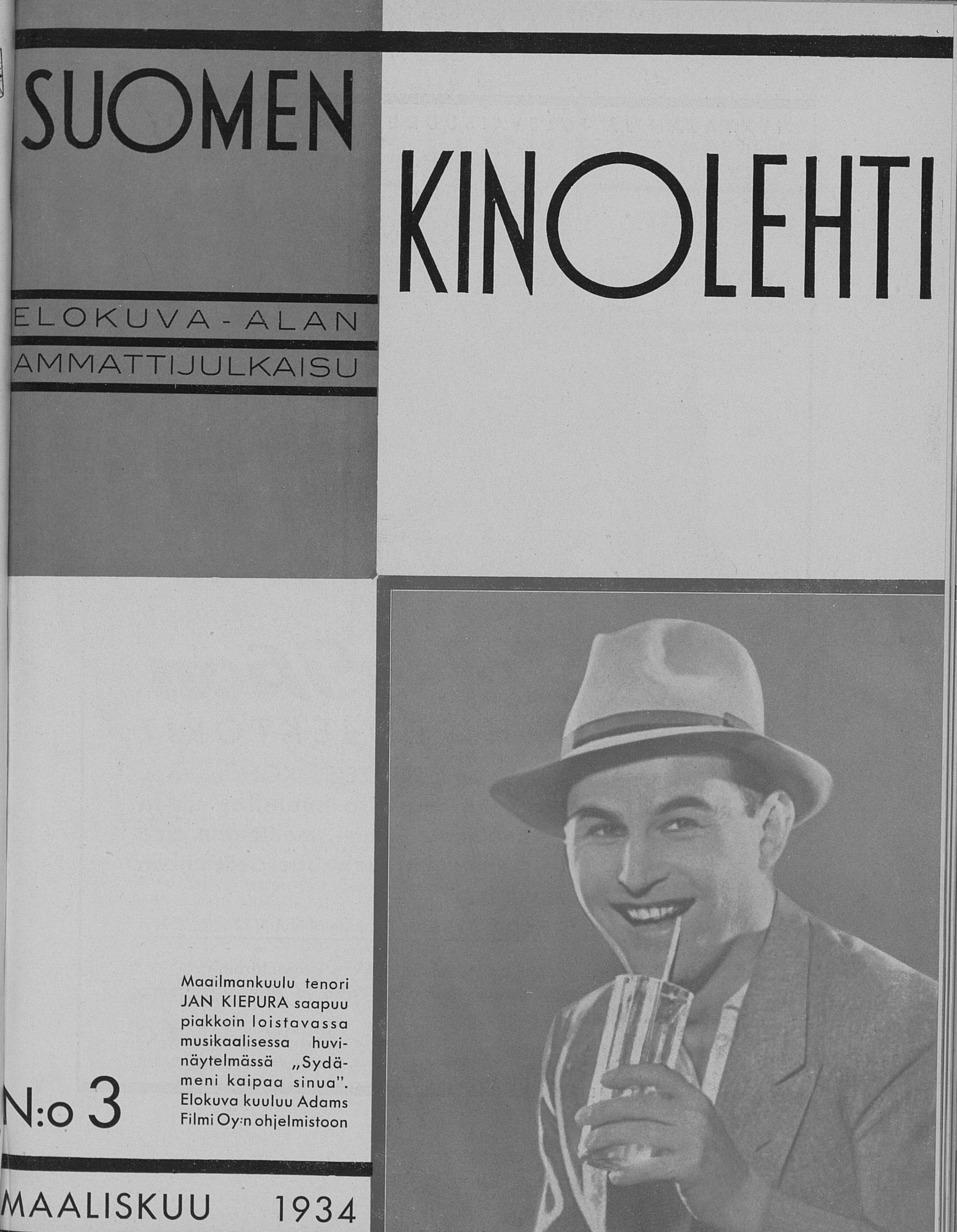 SUOMEN KINOLEHTI magazine side cover Issue 3 1 March 1934