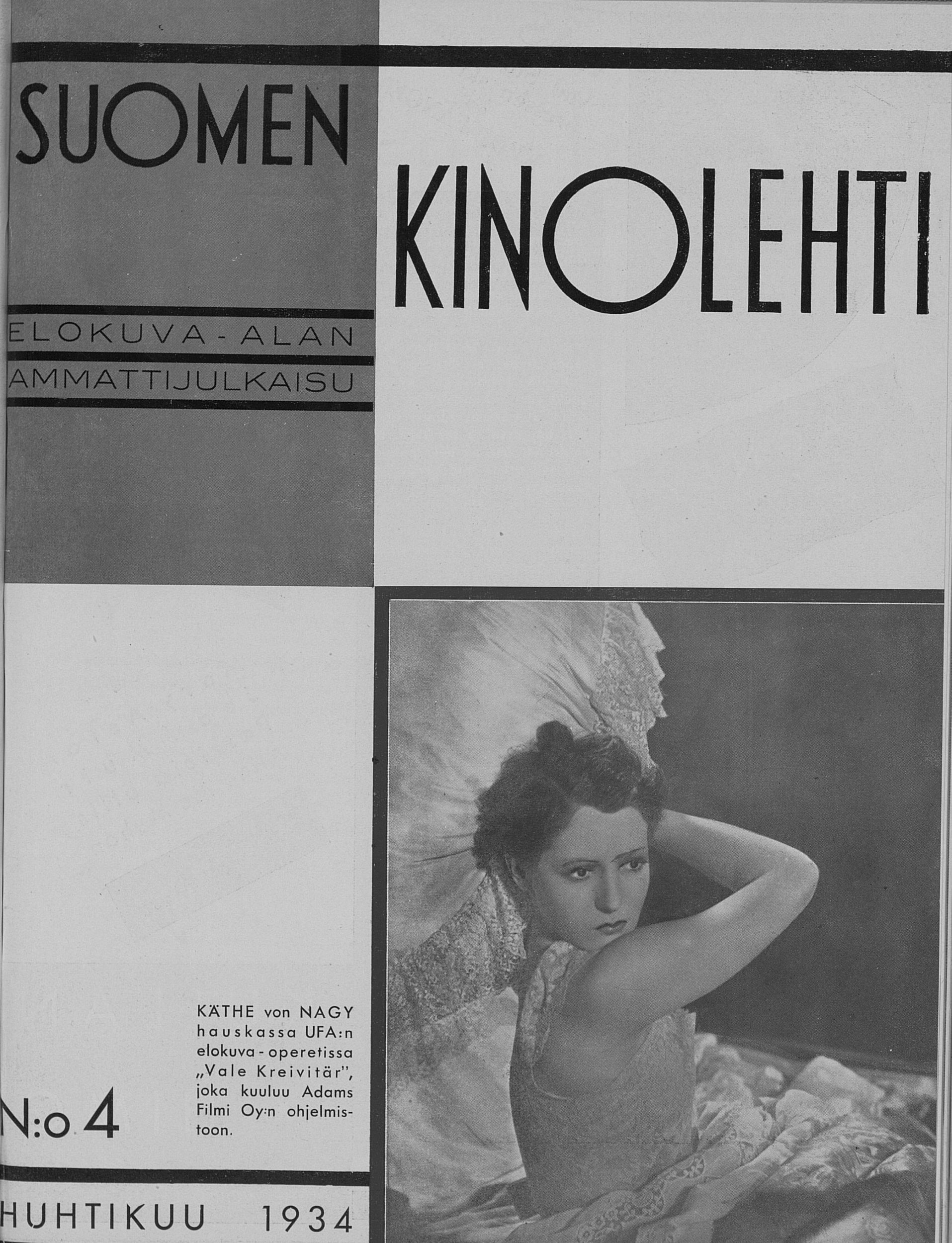 SUOMEN KINOLEHTI magazine side cover Issue 4 1 April 1934