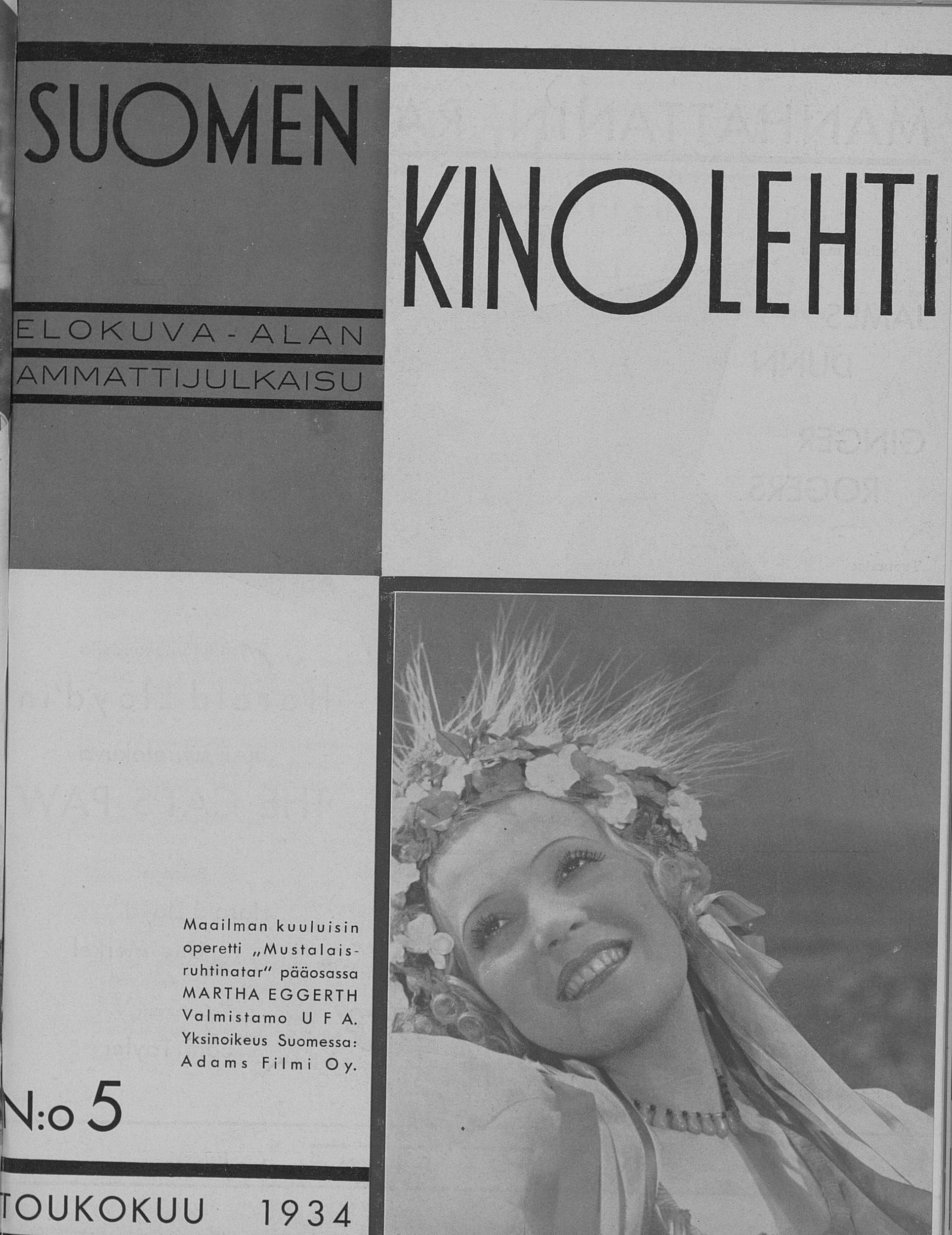SUOMEN KINOLEHTI magazine side cover Issue 5 1 May 1934