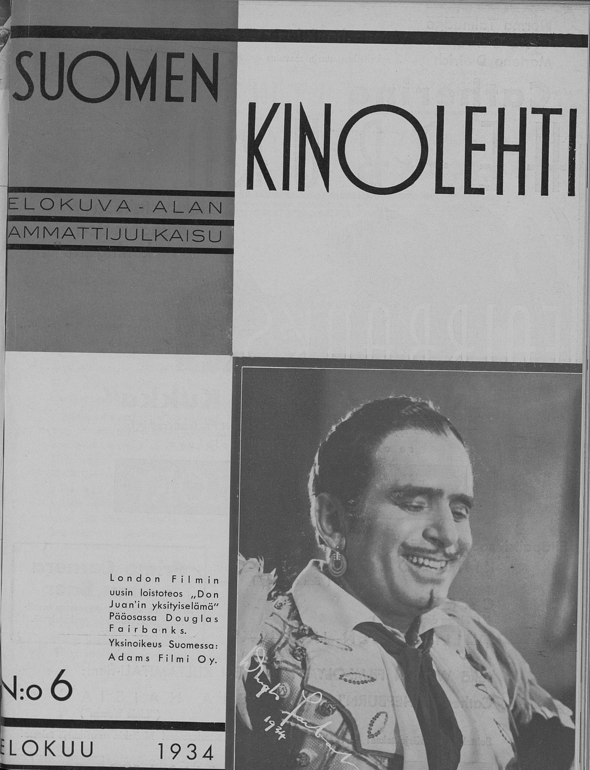SUOMEN KINOLEHTI magazine side cover Issue 6 1 August 1934