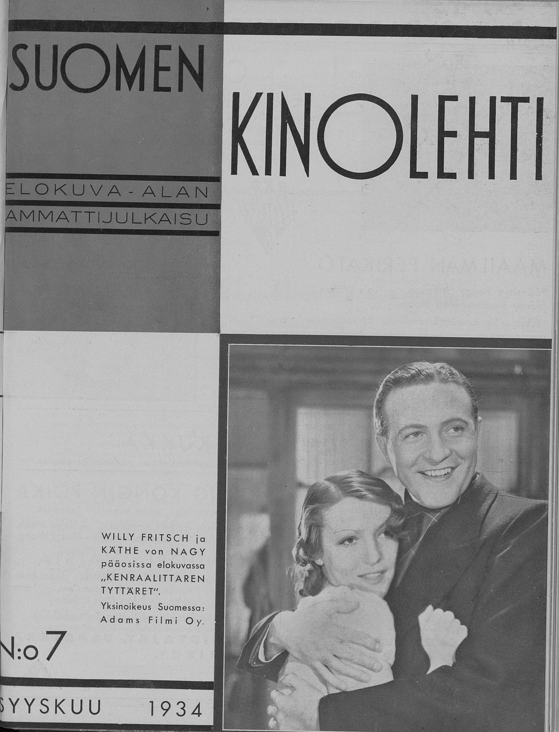 SUOMEN KINOLEHTI magazine side cover Issue 7 1 September 1934