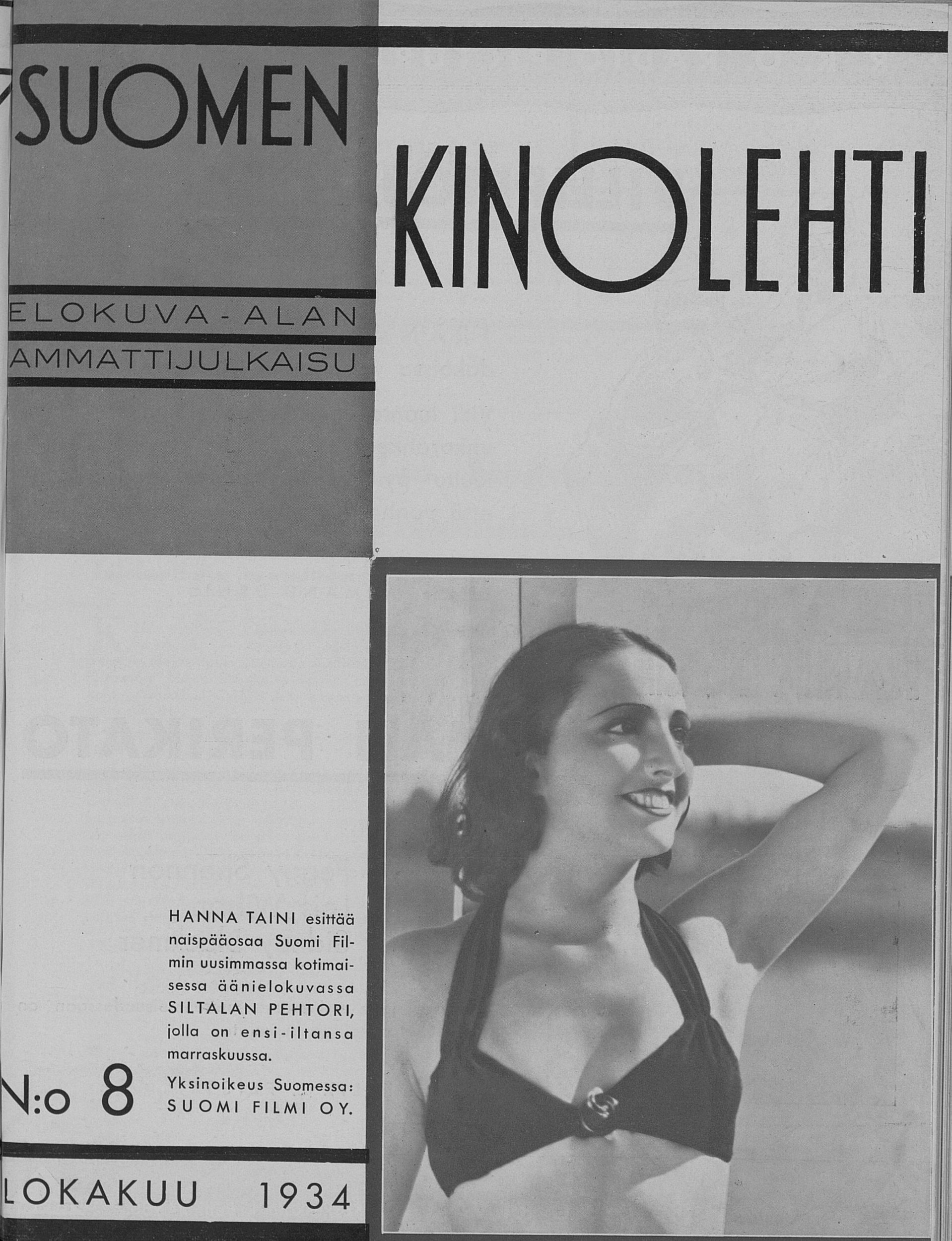 SUOMEN KINOLEHTI magazine side cover Issue 8 1 October 1934