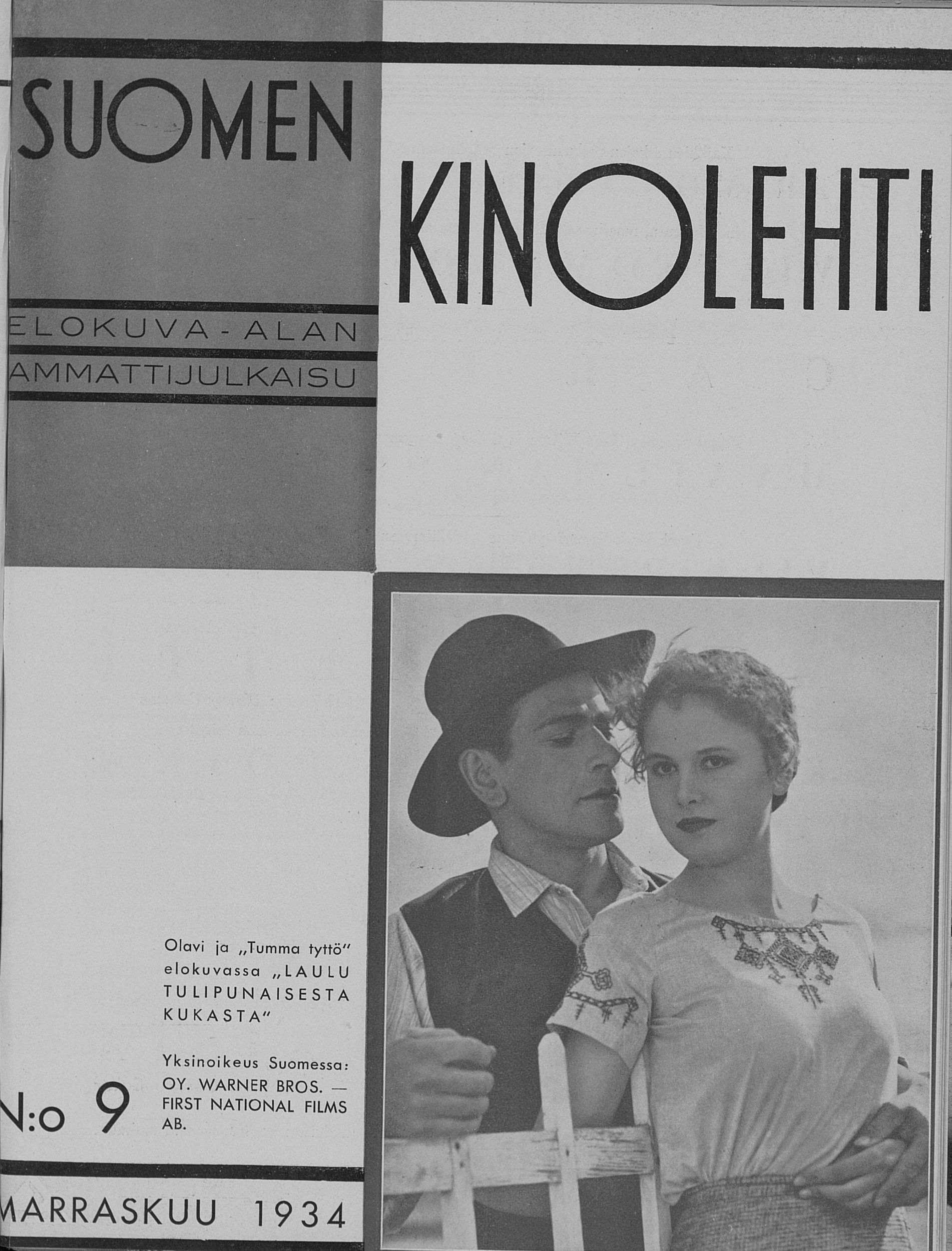 SUOMEN KINOLEHTI magazine side cover Issue 9 1 November 1934