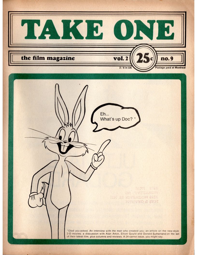 TAKE ONE (Montreal) magazine side cover Issue 21  Vol 2 # 9 December 1970