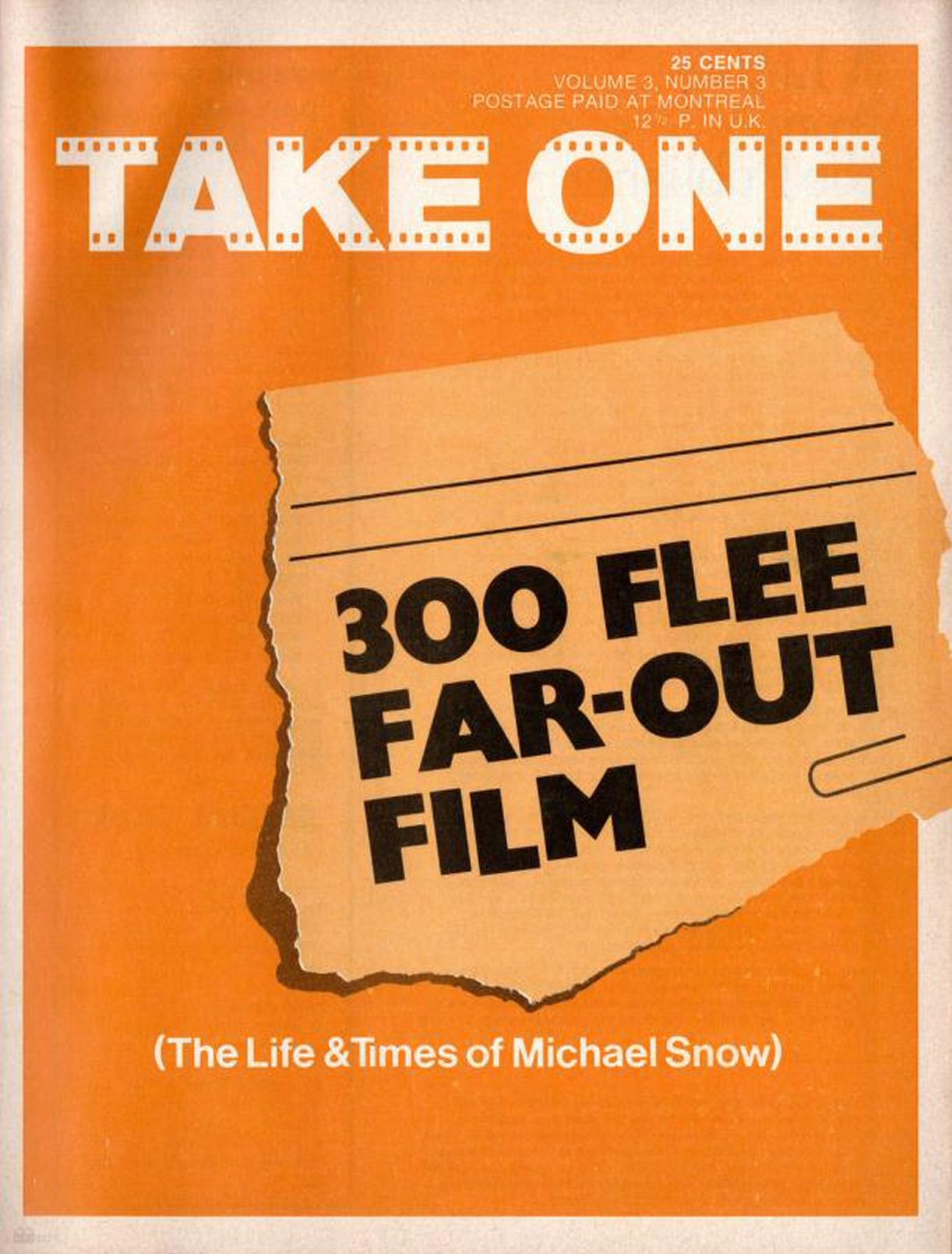 TAKE ONE (Montreal) magazine side cover Issue 27  Vol 3 # 3 April 1972