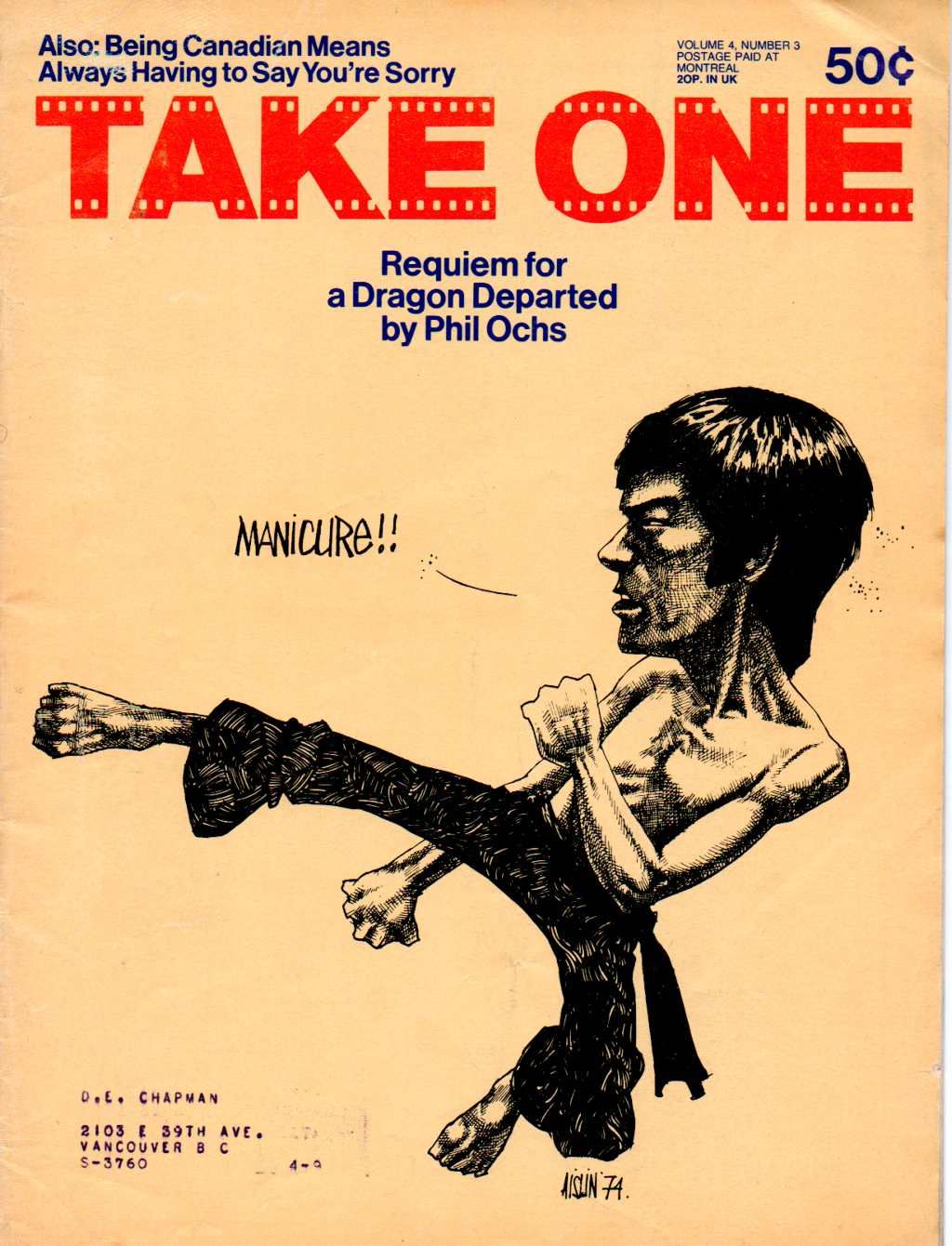 TAKE ONE (Montreal) magazine side cover Issue 39  Vol 4 # 3 May 1974