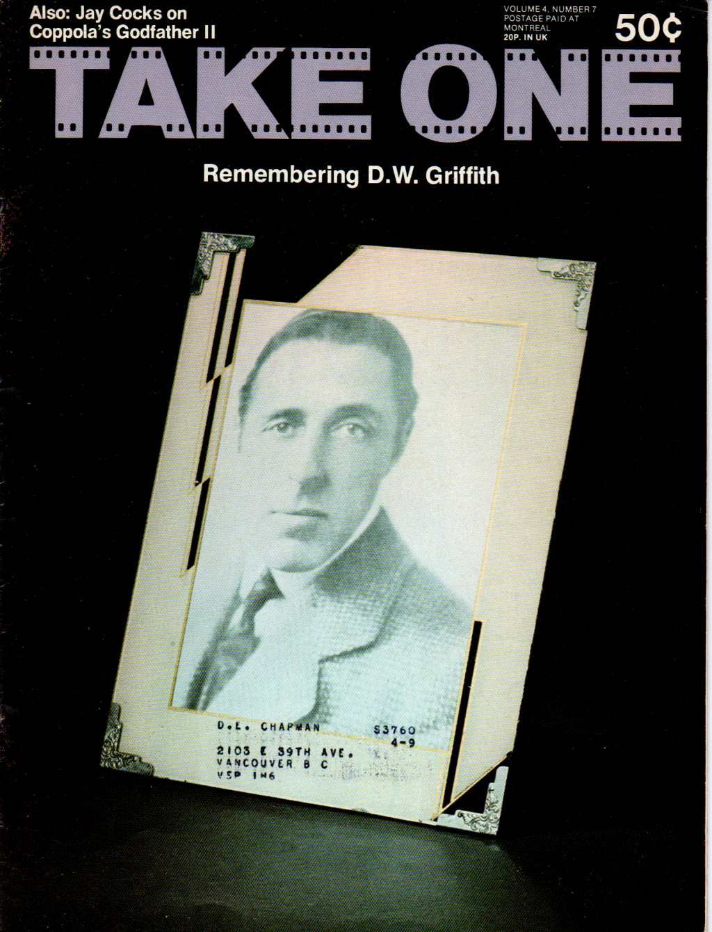 TAKE ONE (Montreal) magazine side cover Issue 43  Vol 4 # 7 December 1974