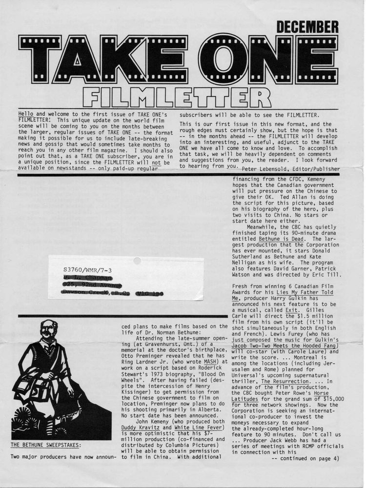 TAKE ONE (Montreal) magazine side cover Issue 53  Vol 5 # 5 December 1976