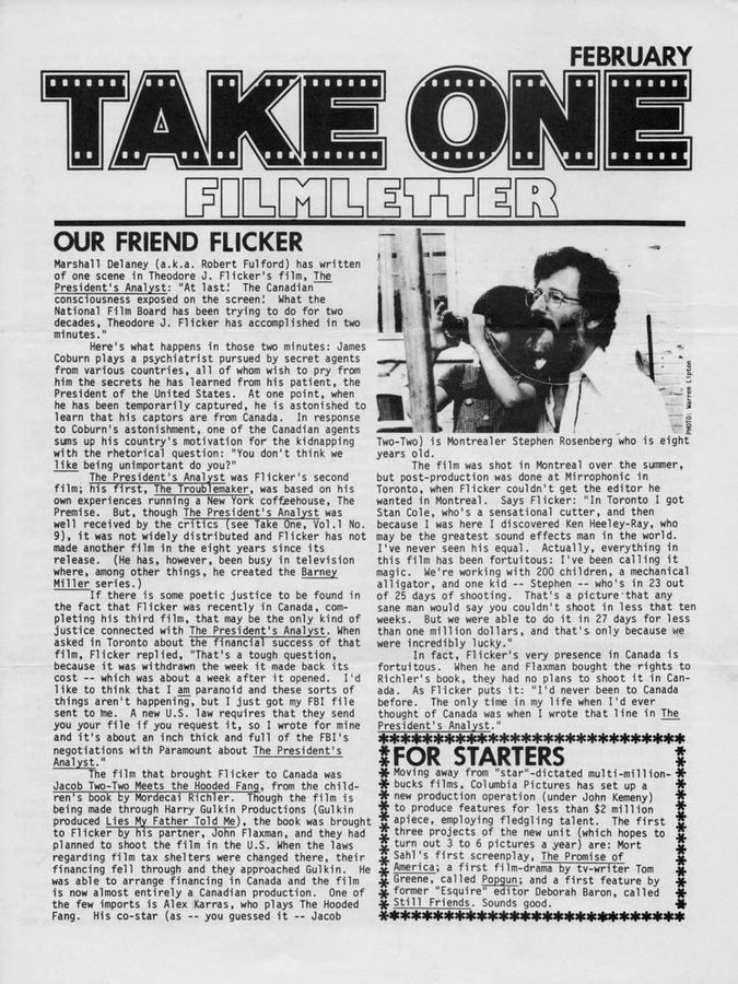 TAKE ONE (Montreal) magazine side cover Issue 55  Vol 5 # 7 February 1977