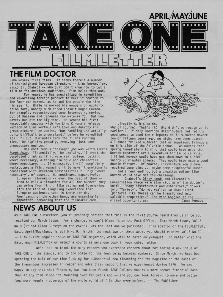 TAKE ONE (Montreal) magazine side cover Issue 57  Vol 5 # 9 April 1977