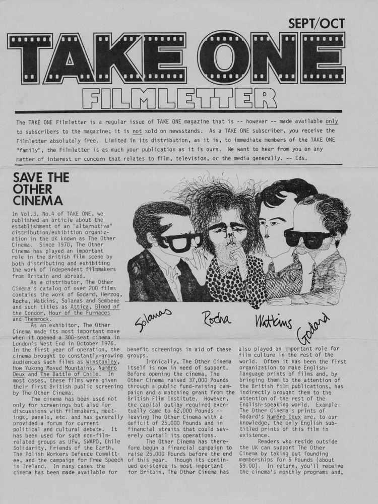 TAKE ONE (Montreal) magazine side cover Issue 59  Vol 5 # 11 September 1977