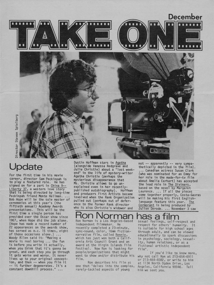 TAKE ONE (Montreal) magazine side cover Issue 61  Vol 6 # 1 December 1977