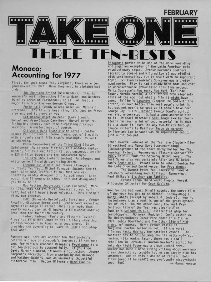 TAKE ONE (Montreal) magazine side cover Issue 63  Vol 6 # 3 February 1978