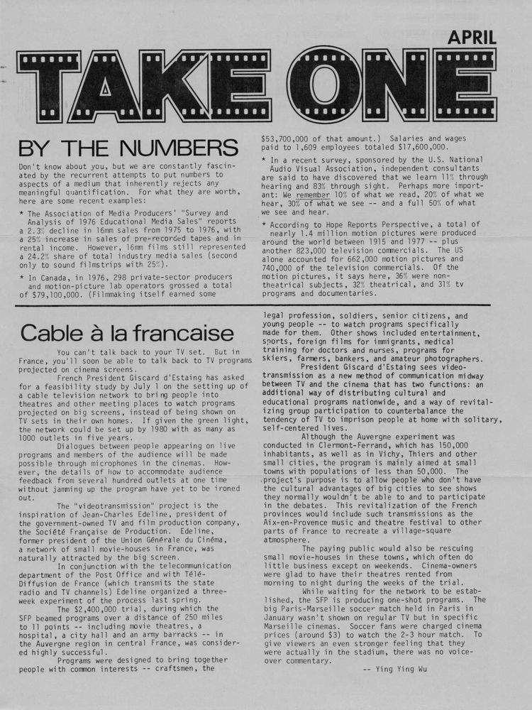 TAKE ONE (Montreal) magazine side cover Issue 65  Vol 6 # 5 April 1978