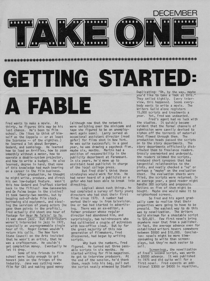 TAKE ONE (Montreal) magazine side cover Issue 73  Vol 7 # 1 December 1978