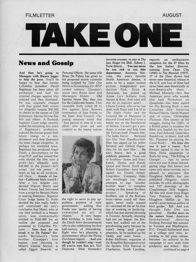 TAKE ONE (Montreal) magazine side cover Issue 81  Vol 7 # 9 August 1979