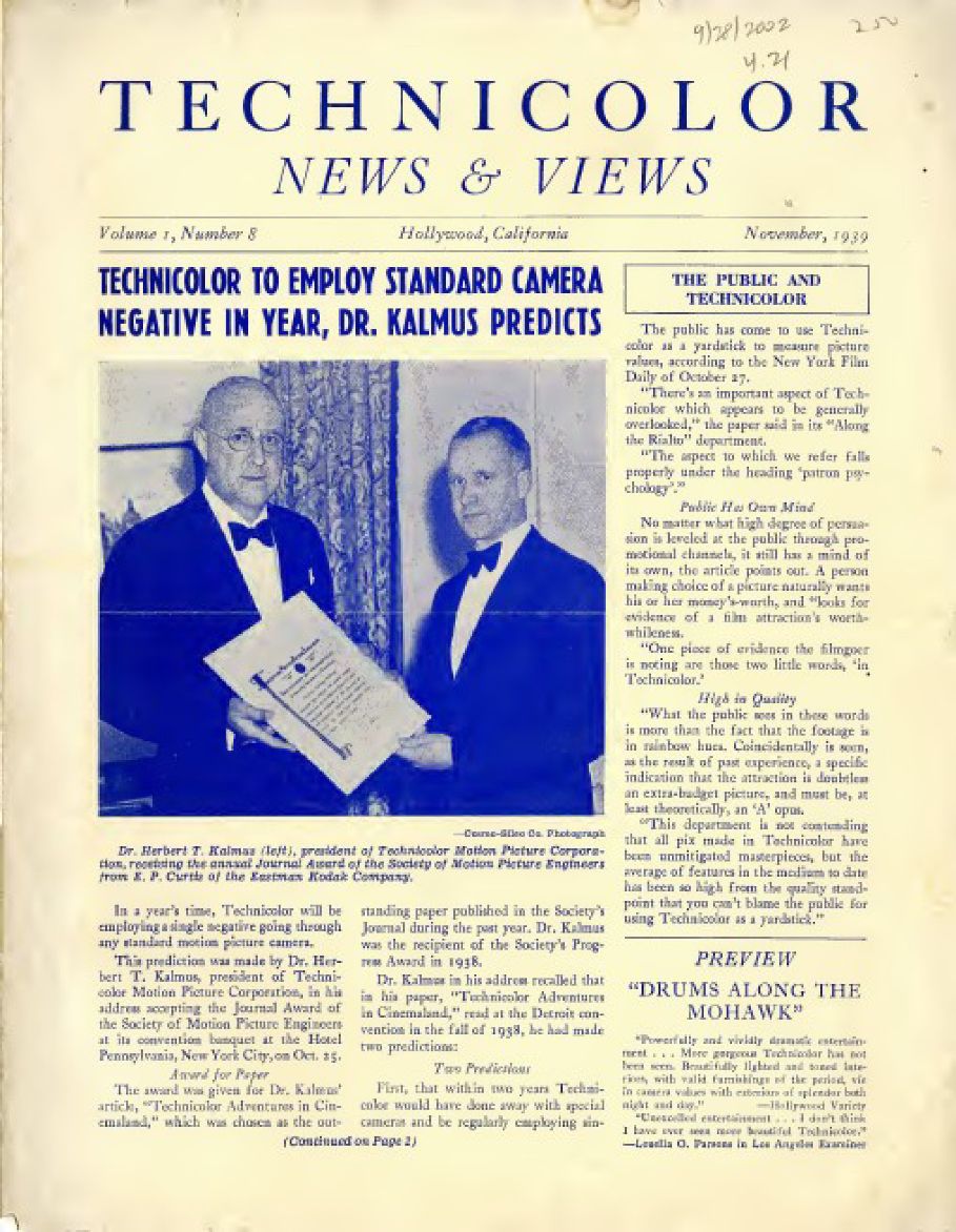 TECHNICOLOR NEWS AND VIEWS magazine side cover Issue 8  Vol 1 No  8  November 1939