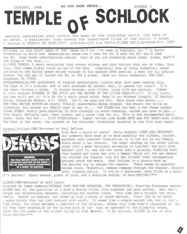 TEMPLE OF SCHLOCK magazine side cover Issue 3 January 1988