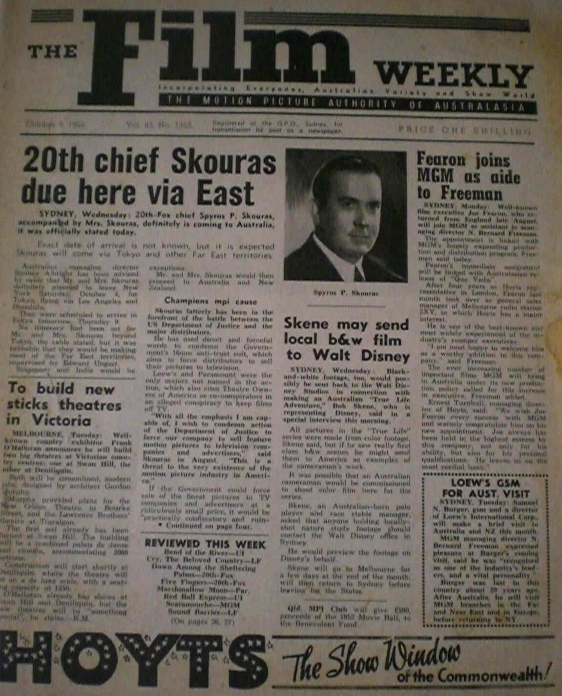 FILM WEEKLY (AUSTRALIA) magazine side cover Issue 1353 9 October 1952