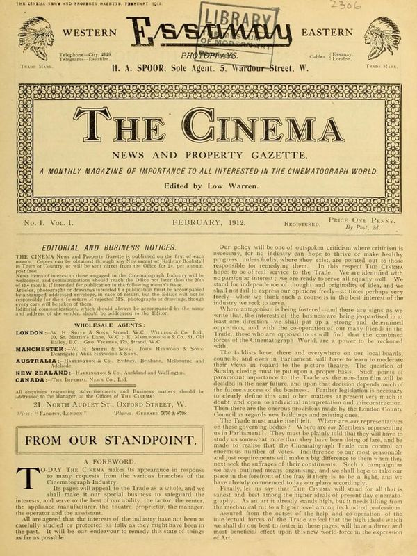 TODAYS CINEMA magazine side cover Issue 1 February 1912