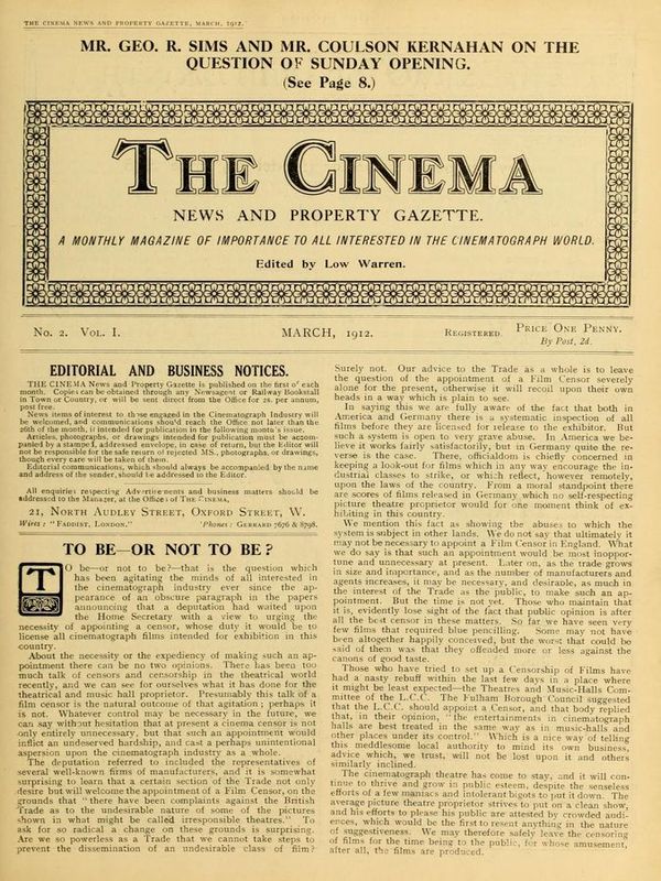 TODAYS CINEMA magazine side cover March 1912