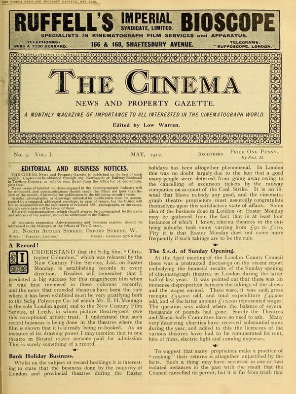 TODAYS CINEMA magazine side cover May 1912