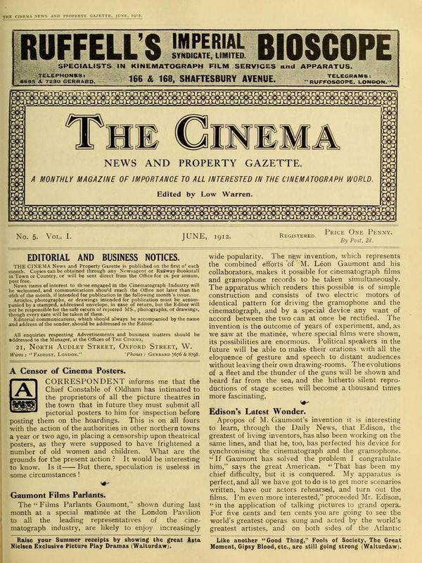 TODAYS CINEMA magazine side cover June 1912