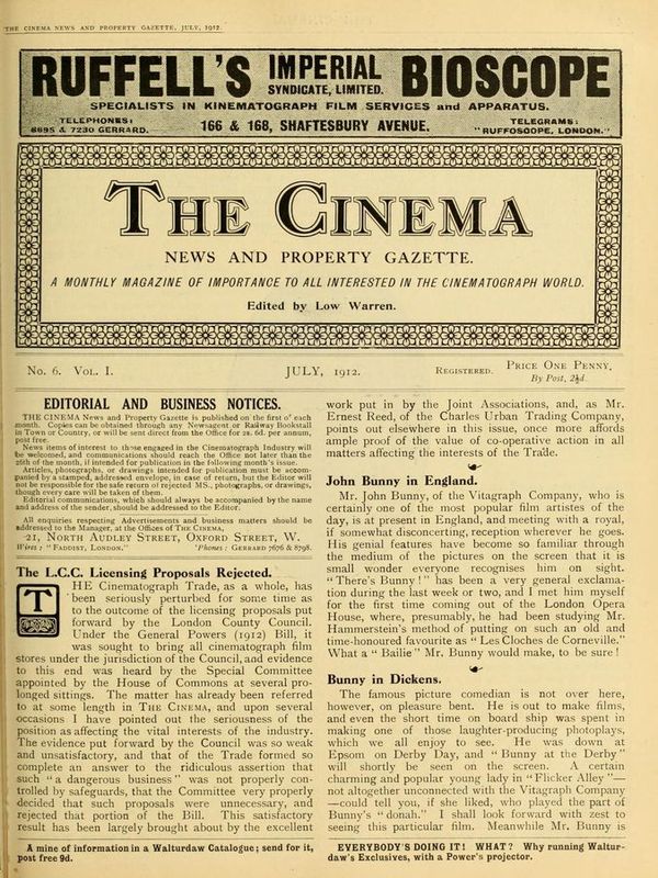 TODAYS CINEMA magazine side cover July 1912