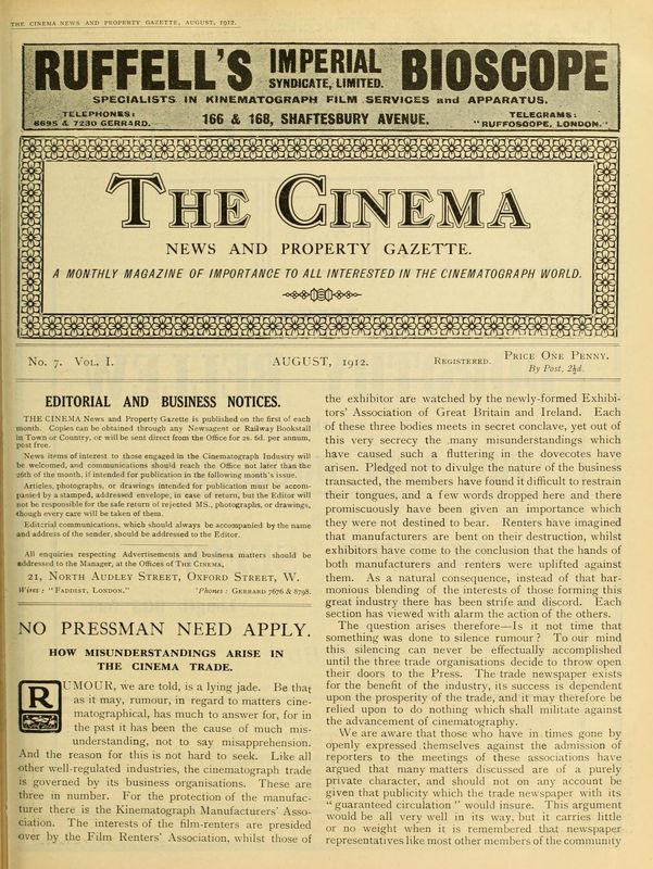 TODAYS CINEMA magazine side cover August 1912
