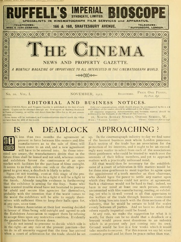 TODAYS CINEMA magazine side cover November 1912