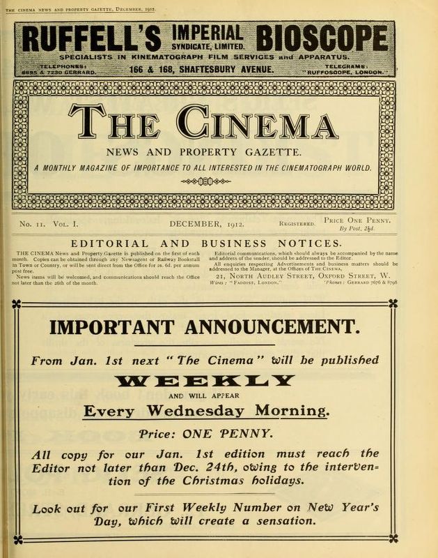 TODAYS CINEMA magazine side cover December 1912