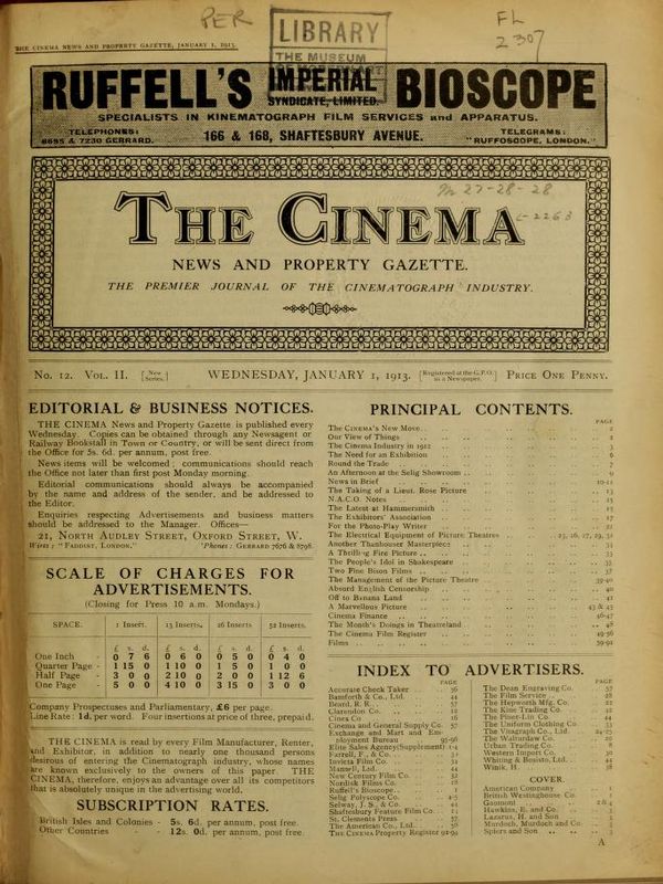 TODAYS CINEMA magazine side cover 1 January 1913