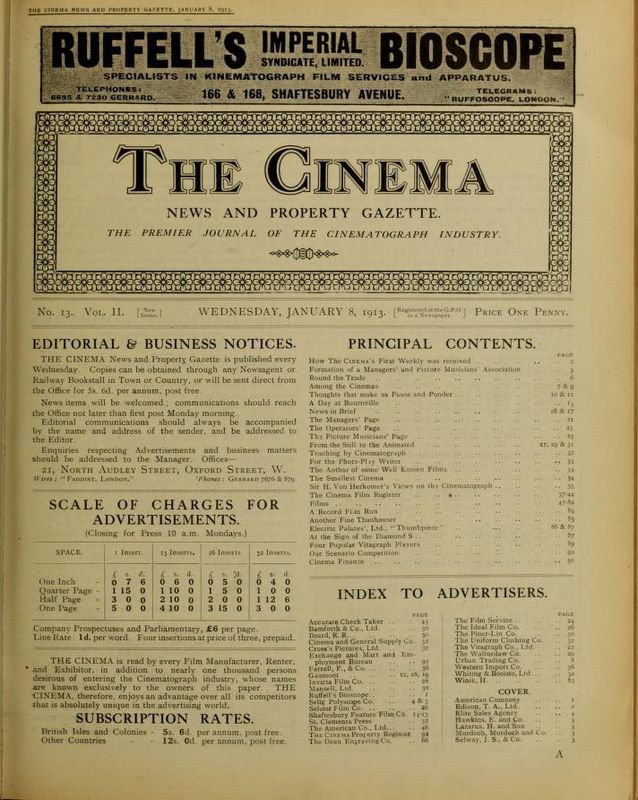 TODAYS CINEMA magazine side cover 8 January 1913