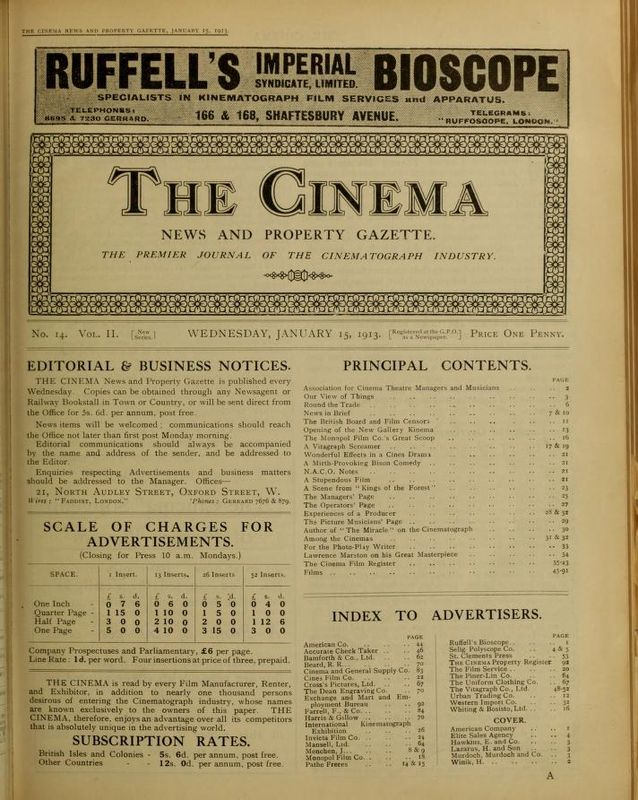 TODAYS CINEMA magazine side cover 15 January 1913