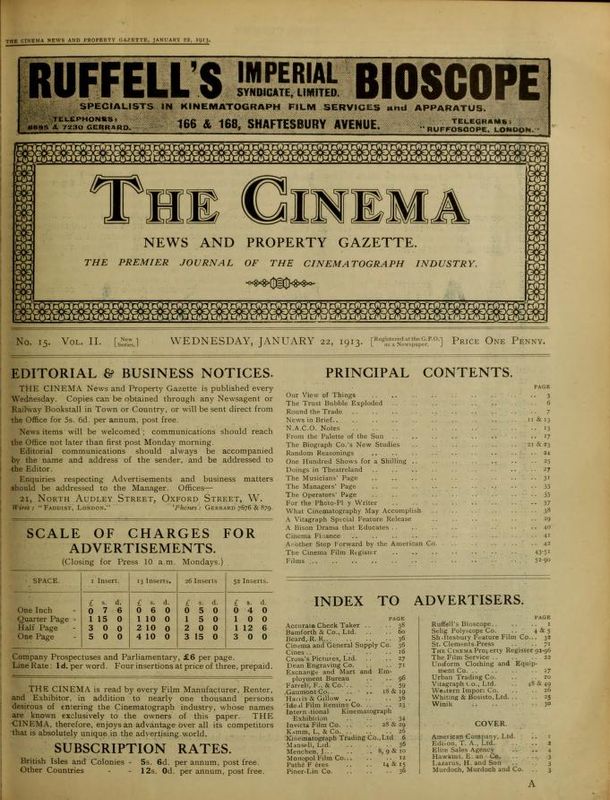 TODAYS CINEMA magazine side cover 22 January 1913