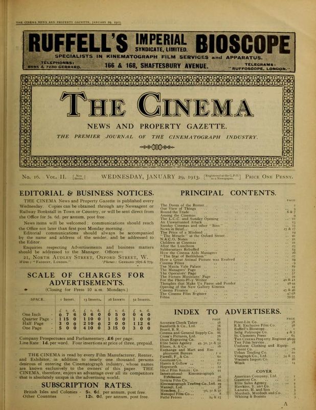 TODAYS CINEMA magazine side cover 29 January 1913