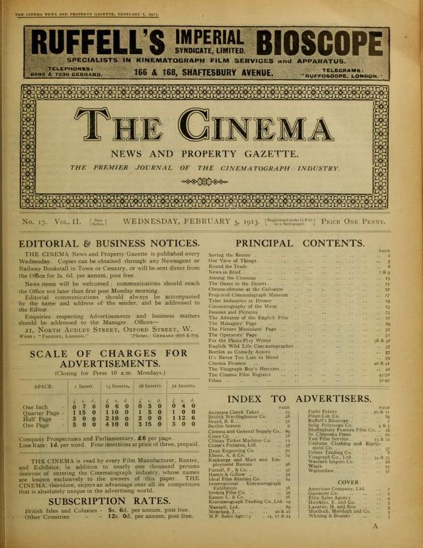 TODAYS CINEMA magazine side cover 5 February 1913