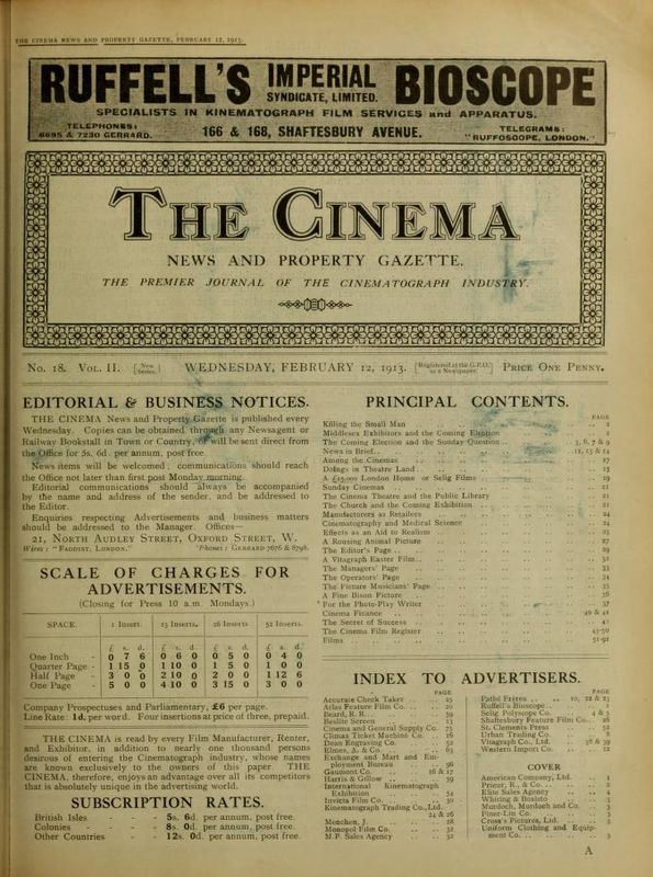 TODAYS CINEMA magazine side cover 12 February 1913