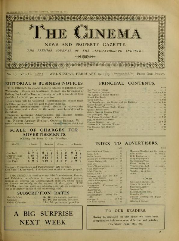 TODAYS CINEMA magazine side cover 19 February 1913