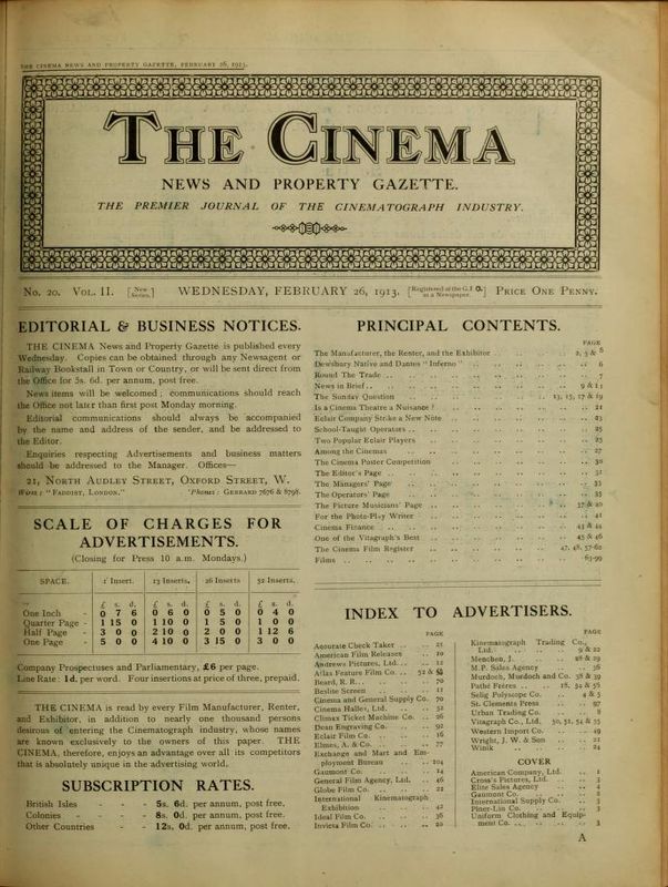TODAYS CINEMA magazine side cover 26 February 1913