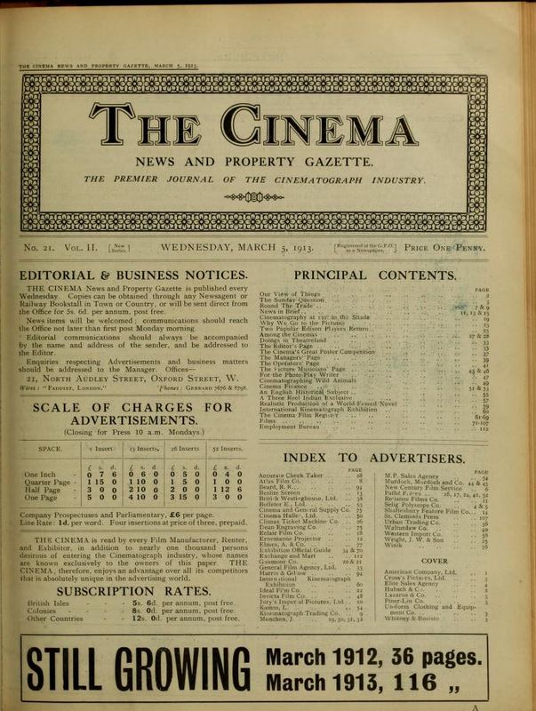 TODAYS CINEMA magazine side cover 5 March 1913