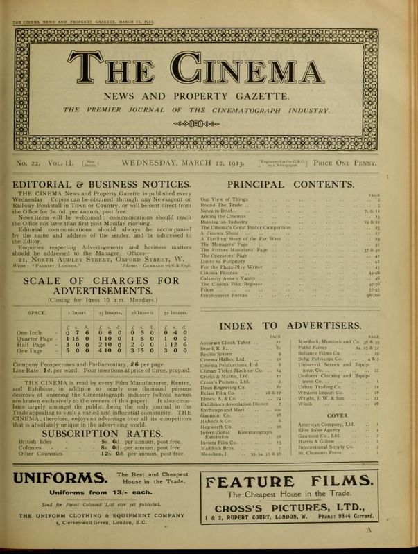 TODAYS CINEMA magazine side cover 12 March 1913