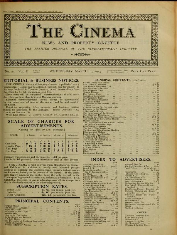 TODAYS CINEMA magazine side cover 19 March 1913