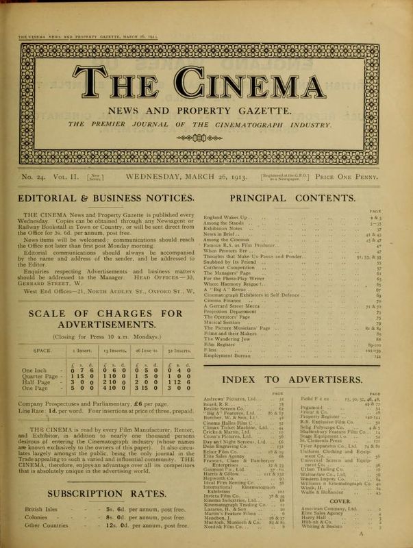 TODAYS CINEMA magazine side cover 26 March 1913
