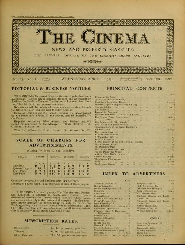 TODAYS CINEMA magazine side cover 2 April 1913