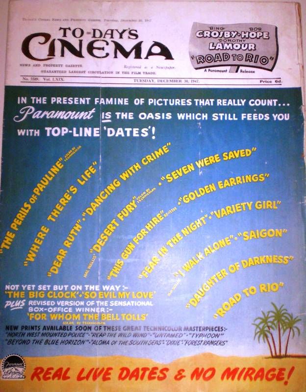 TODAYS CINEMA magazine side cover 30 December 1947