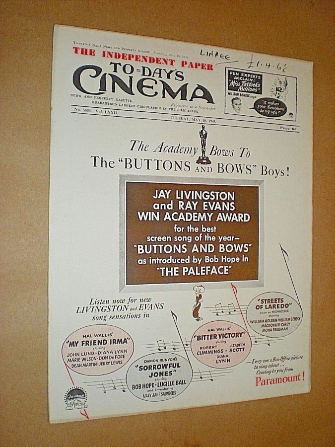 TODAYS CINEMA magazine side cover Issue 5800 10 May 1949