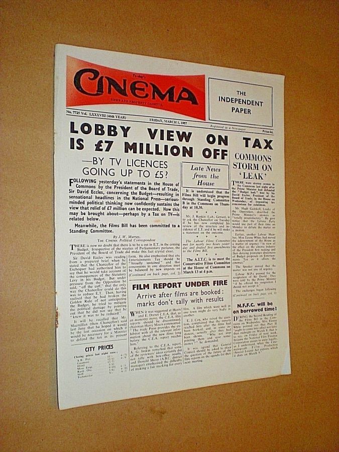 TODAYS CINEMA magazine side cover Issue 7725 1 March 1957